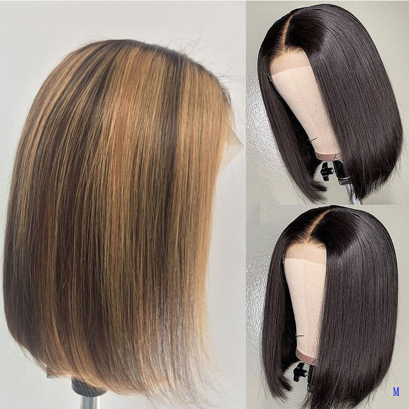 

Pixie Blunt Cut Short Straight Bob Human Hair Remy Wig Ombre Colored Highlight 13*6 Deep Part Lace Front Wig Natural Pre Plucked, Natural black
