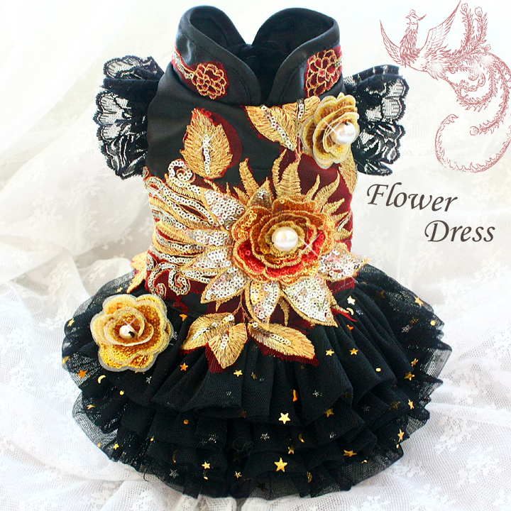 

Free shipping handmade dog clothes black gold stars moon embroidered high-collar dog dresses pet apparel poodle yorkshir