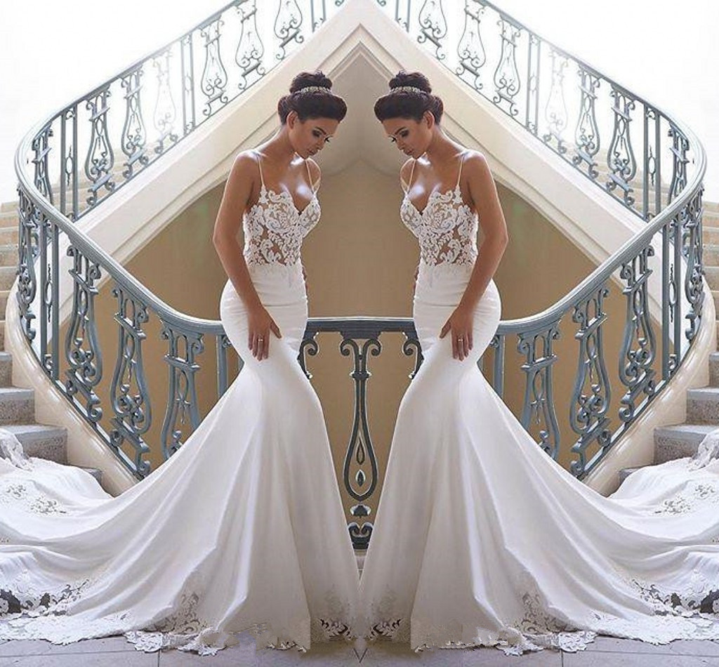 

Lace Mermaid Country Wedding Dresses 2020 with Spaghetti Straps Satin Lace Applique Sweep Train Boho Wedding Bridal Gowns TG7887, White