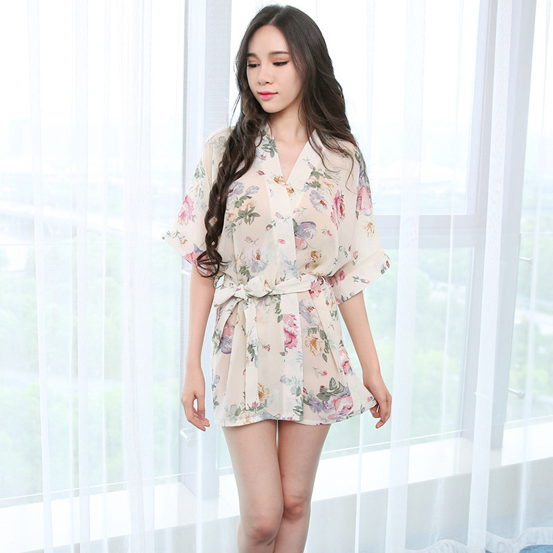 

Chiffon Sashes Floral Robe Gown Sleepwear Women Sexy Lingerie Night Dress Nightwear Bathrobe Elegant Luxury Nightgowns Babydoll, Beige