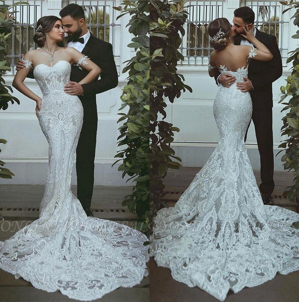 

Full Lace Mermaid Wedding Dresses 2020 Sweetheart Lace Applique Chapel Train Bridal Wedding Gowns robe de mariage BC3041, White