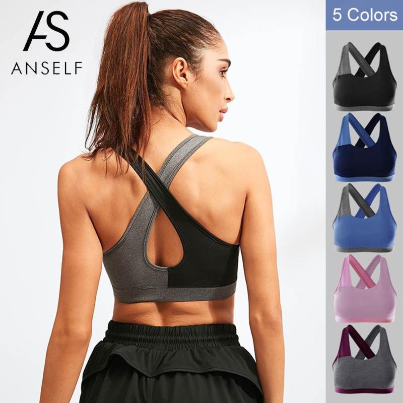 

Women Sports Bra Padded Stretchable Quick Dry Breathable Cross-Back Spliced sport bra Fitness Crop Top Women Sportswear bralette, Black