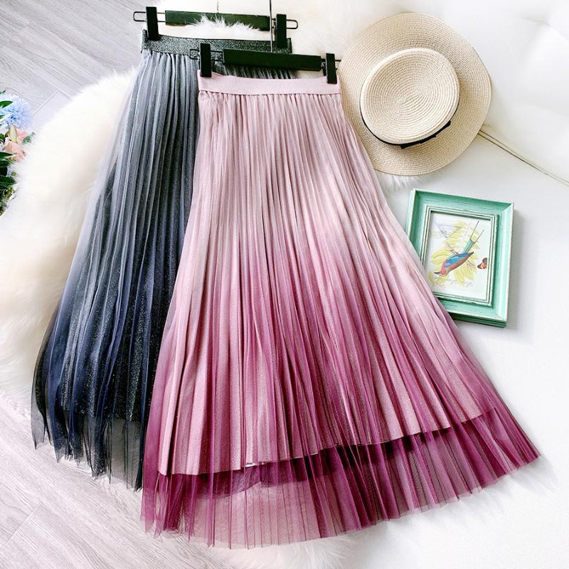 

Bright silk Gradient tulle skirt elegant long pleated a line skirts womens modis 2020 summer new arrival, Blue