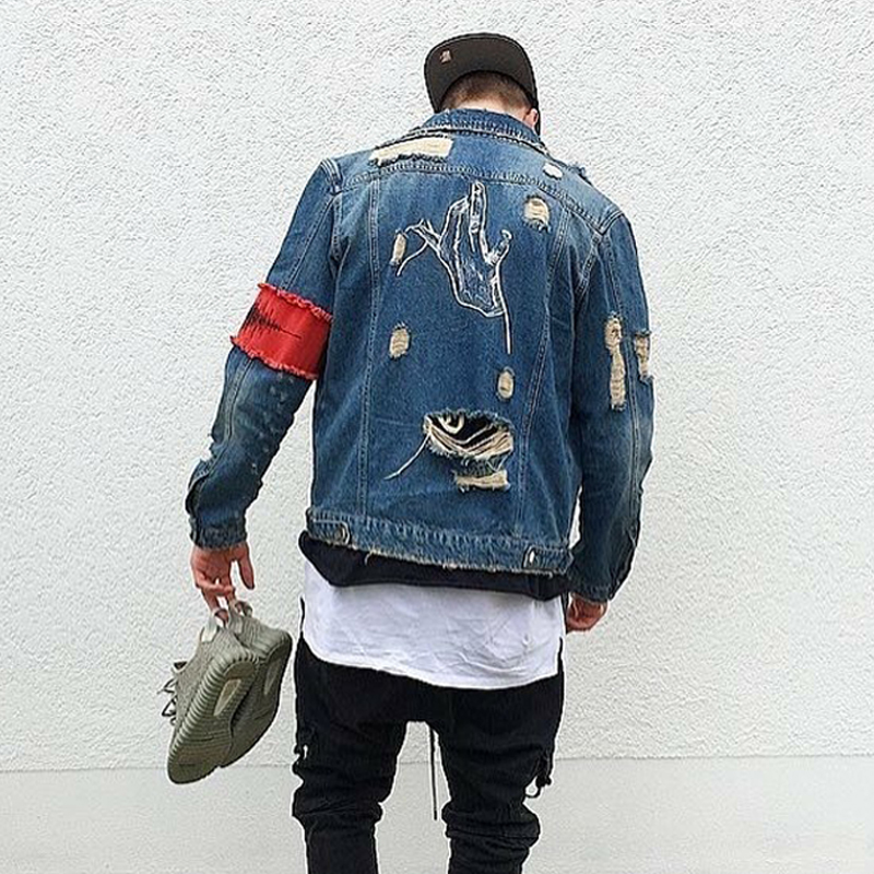 

Men' Jackets Jean Streetwear Hip Hop Bomber Jacket Denim Men Brand Ripped Casual Fashion Coat, Blue