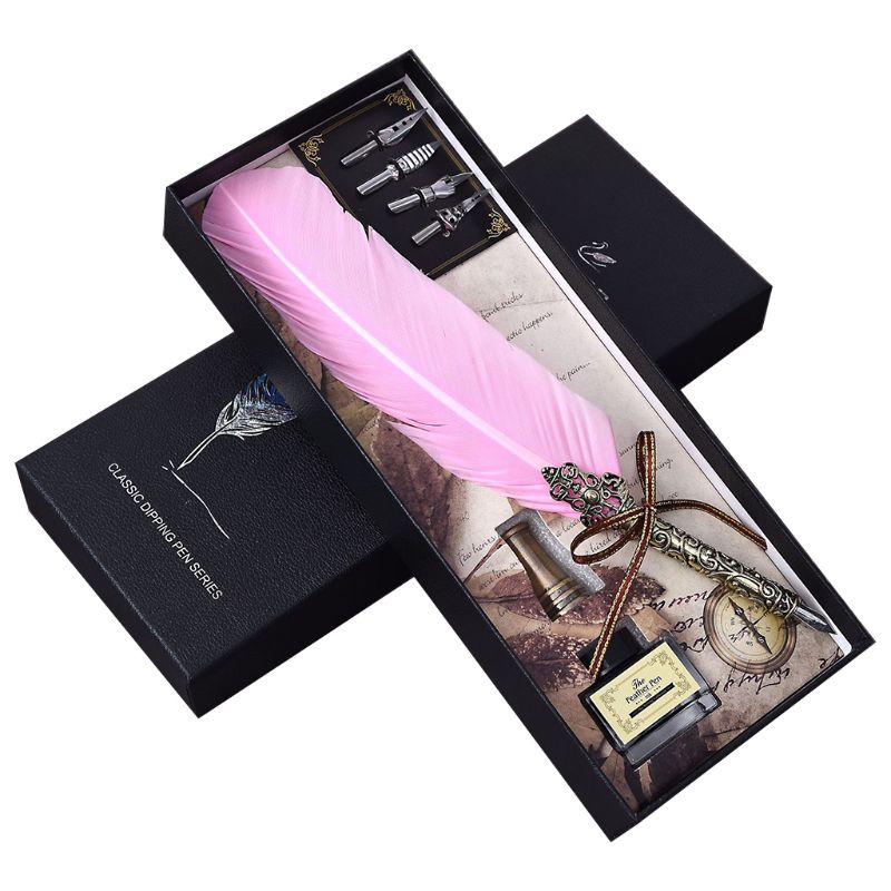 

Vintage Handmade Feather Quill Dip Fountain Pen with Ink Nibs English Calligraphy Writing Stationery Wedding Gift L41E, Red