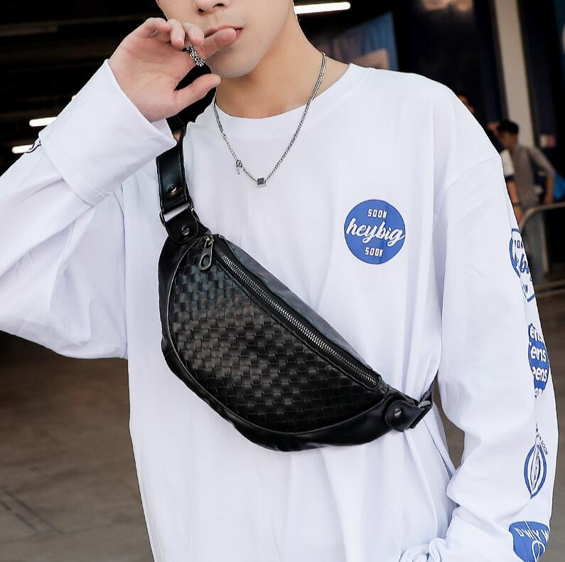 

men handbag Street trend knitting men chest bag multi-functional leather leisure shoulder bag soft leather fashion leather waist bag, Black
