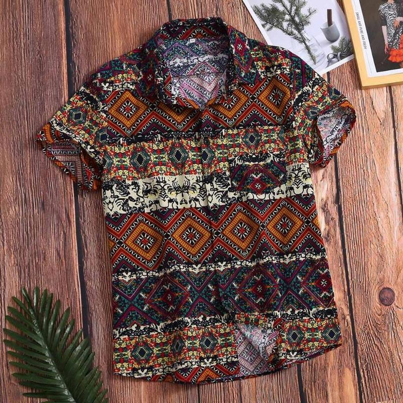 

2020 Men Shirts Short Sleeve Printed Pocket Colorful Casual Blouse Hawaiian shirt Male Tops Summer Geometric Plus Size Shirts #0, Brown