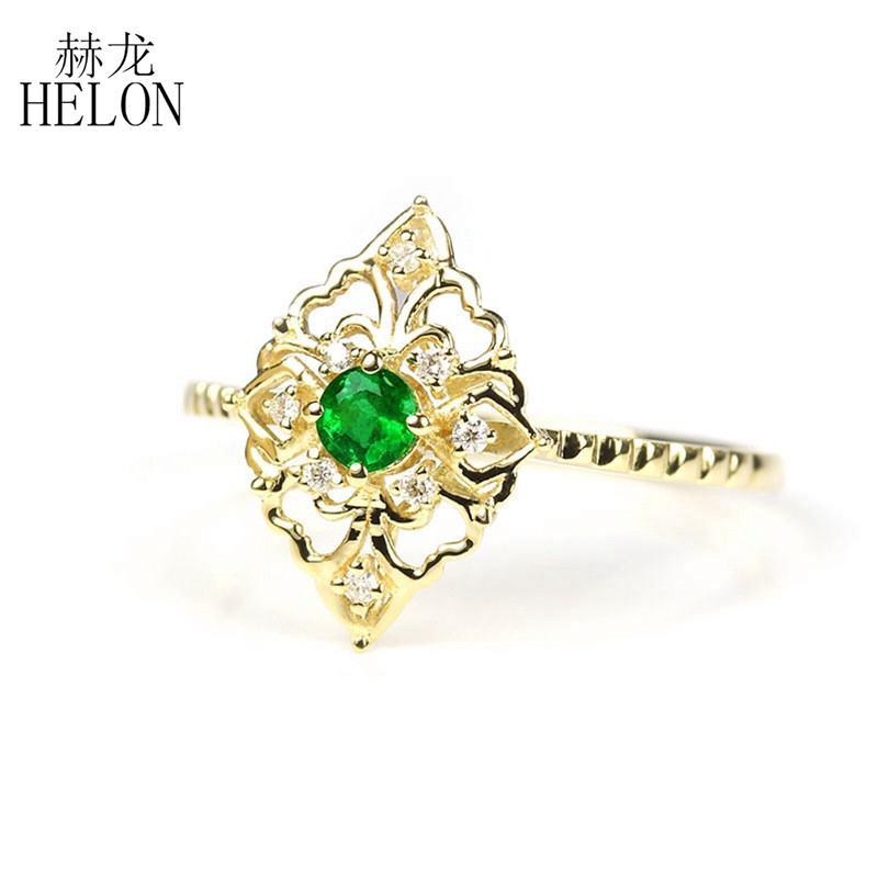 

HELON Solid 14k Yellow Gold 0.13ct Natural Emerald and Diamonds Ring for Women Engagement Wedding Exquisite Trendy Jewelry Ring