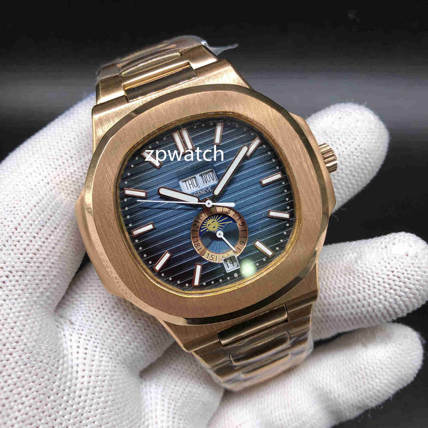 

Hot selling luxury nautilus watch 40mm rose gold stainless steel blue face hard automatic mechanical mens watch free shipping