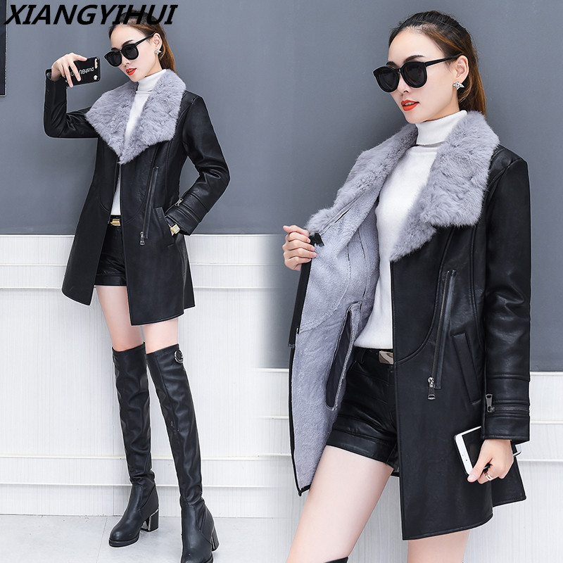

2017 top Compound sheepskin coat lady Free wash PU leather jacket lace-up plus size trench coat Long with cotton overcoat, 446 green