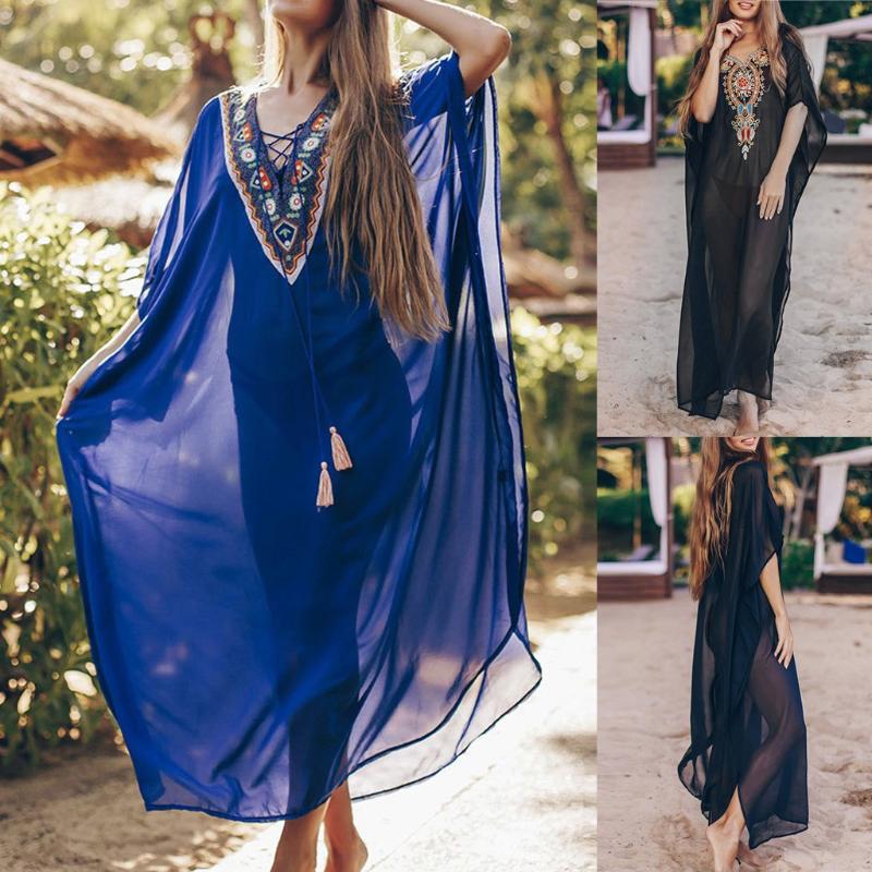 

Women's Casual Solid color Embroidery Dress Loose Overall Beach Swimwear Cover Up Mesh translucent beach maxi dress