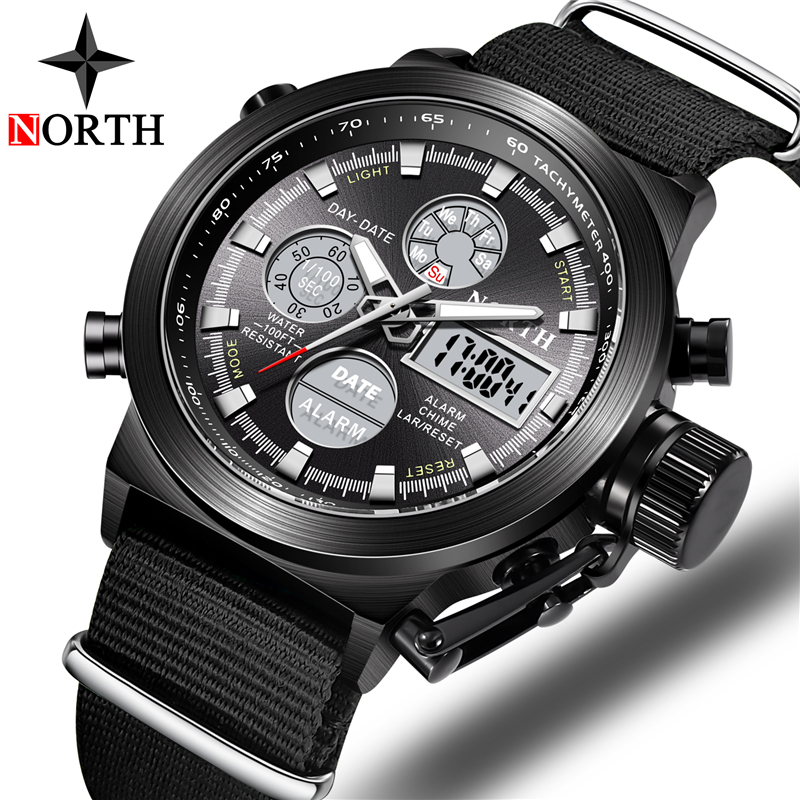 

NORTH Sport Watch Men Military Quartz Watches For Men Analog LED Digital Leather Nylon Men Watches Casual Waterproof Wristwatch LY191213, L brown white