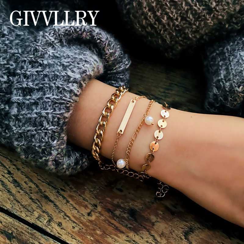 

4 pcs/Set Imitation Pearl Charm Bracelets for Women Gold Silver Sequin Thin Thick Chain Bracelet Bangle Fashion Simple Jewelry