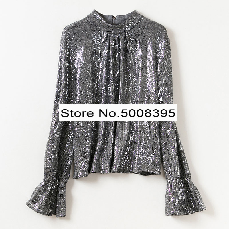 

[ElfStyle] - Fashion GOLD SILVER Sequined Blouse High Neck Zipper Back Long Sleeves with Flared Cuffs Amazing tops