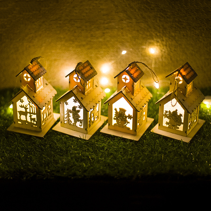 

New Year Christmas Ornaments LED Light Chalet Hotel Bar Xmas Tree Decorations Christmas Wooden Pendants For Home