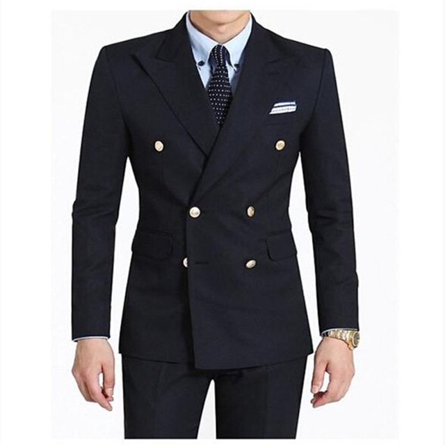 

Double-Breasted Side Groom Mens Suits Tuxedo Navy Blue Peaked Lapel Mens Wedding Suits Dress Clothing (Jacket+Pants), Black