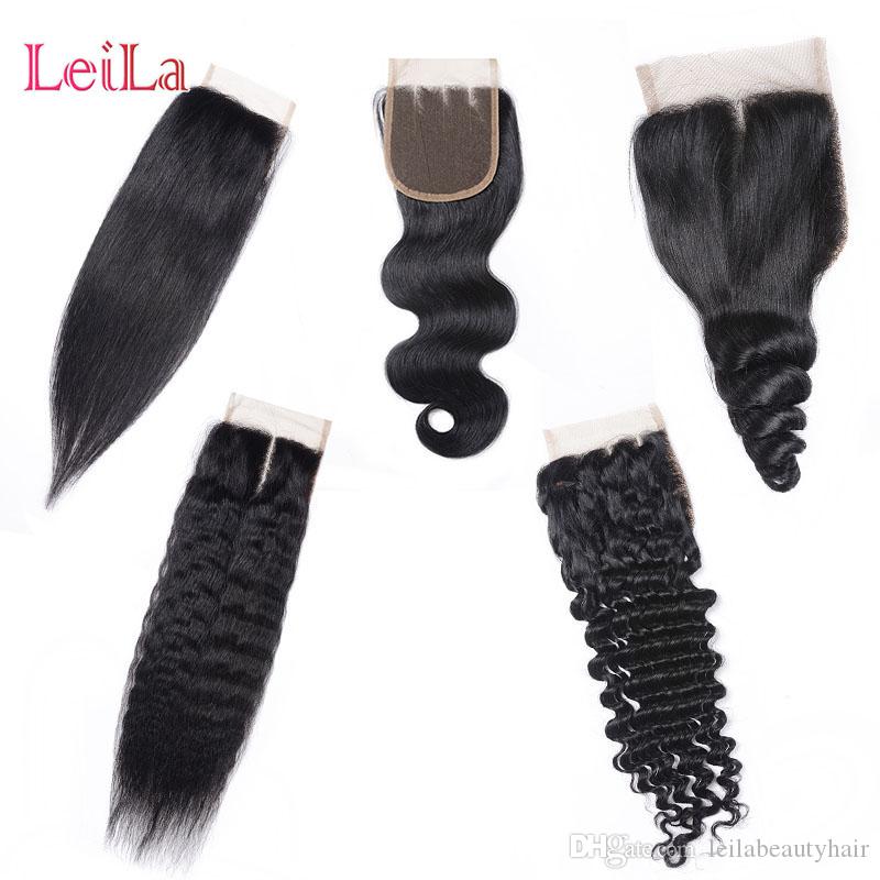

Brazilian Virgin Human Hair 4X4 Lace Closure Peruvian Malaysian Indian Mongolian Body Wave Straight Loose Deep Kinky Straight Closures, Black;brown