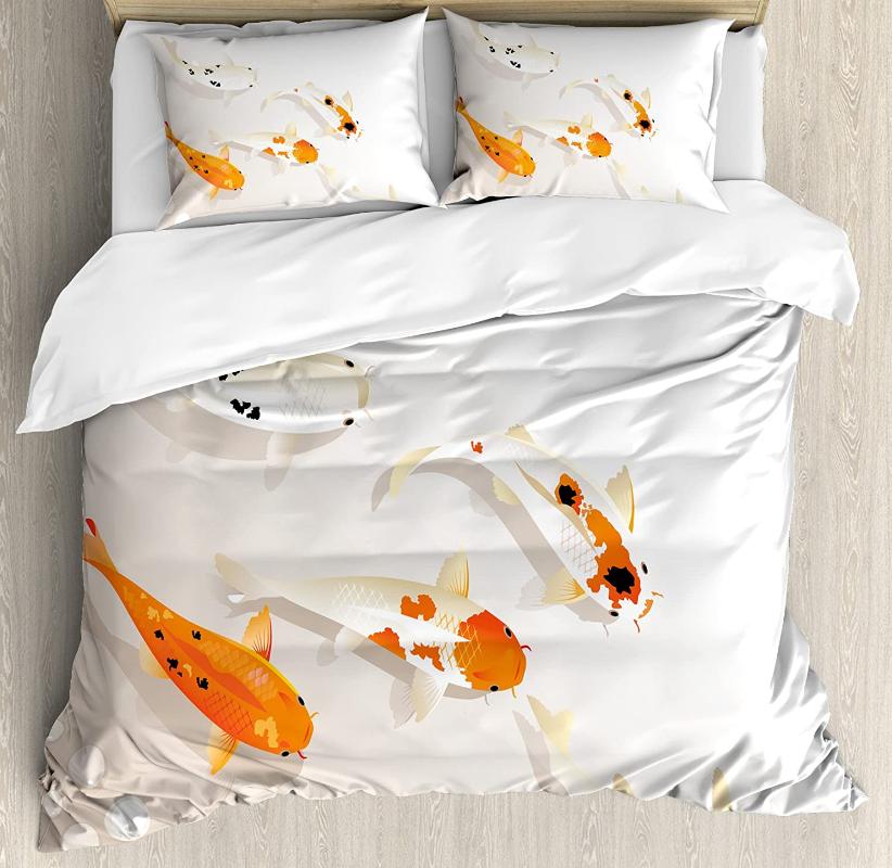 

Koi Fish Duvet Cover Set Traditional Asian Sacred Spotty Koi Figures Carps Oriental Sign of Love Zen Bedding Set Orange Beige, As pic