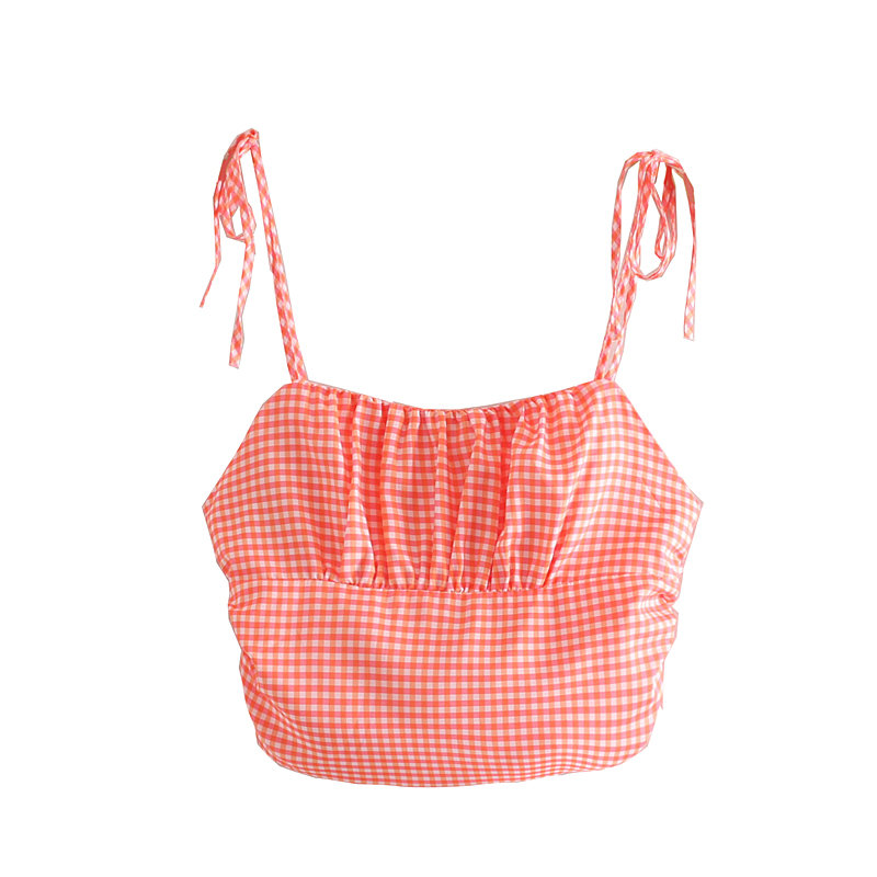 

ZXQB Sweet Chic Plaid Backless Crop Tops Stylish Women Camis Bow Tie Sleeveless Back Elastic Blouses Casual Blusas Mujer, Pic