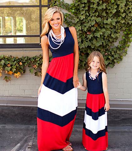 

2019 Mommy and me family matching mother daughter dresses clothes striped mom and daughter dress kids parent child outfits, Red