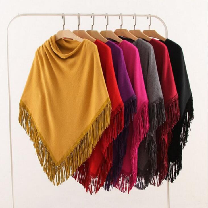 

2019 Women Spring Autumn Knitted Sweater Poncho Coat Solid Elegant Pullover Jumper Irregular Tassel Hem Cape Cloak Pull Female