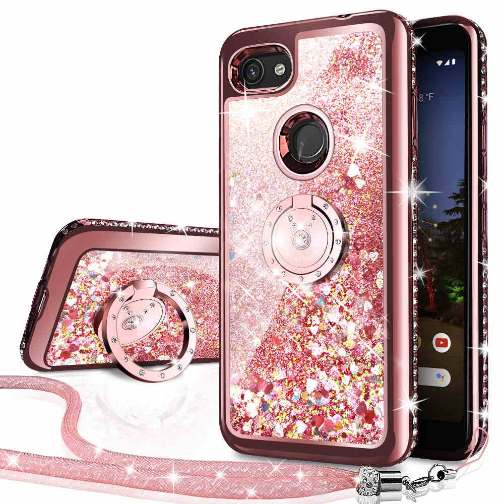 

Google Pixel 3a Case,Bling Diamond Rhinestone Moving Liquid Holographic Sparkle Glitter Case with Kickstand Case for Girls Women, Purple