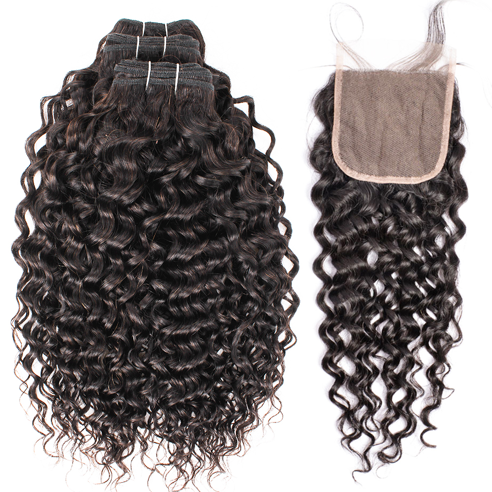

Kisshair Water Wave Hair 3 Bundles with 4*4 Lace Closure Natural color Virgin Brazilian Human Hair Extension 10-26 inch Remy Curly Weaving