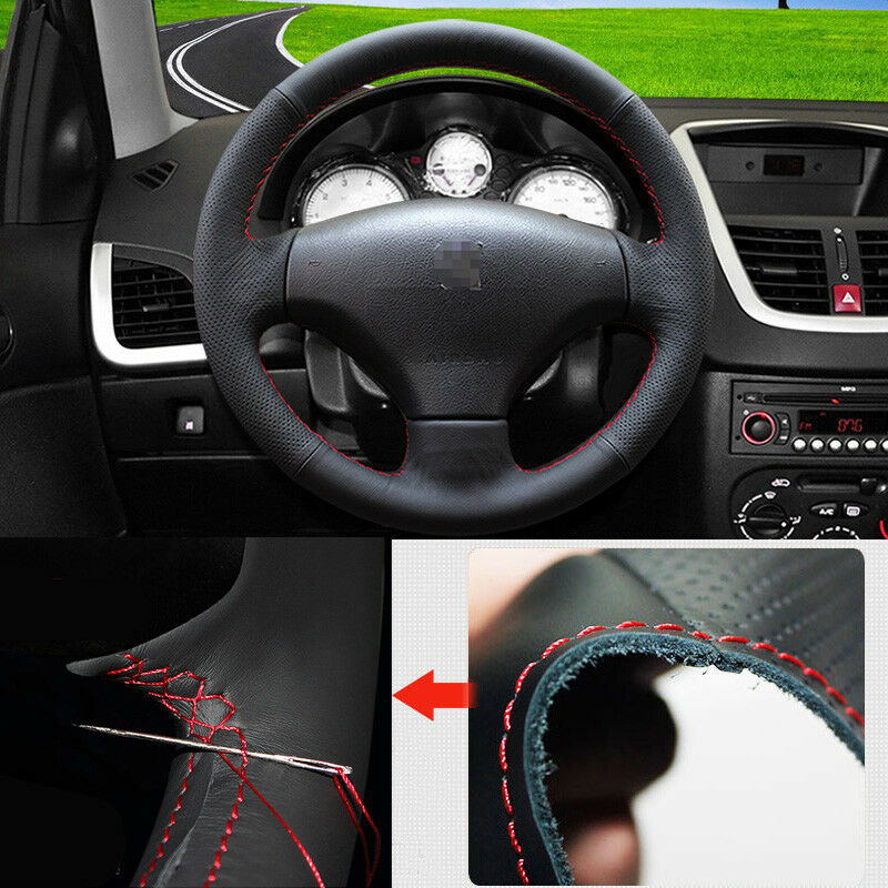 For Peugeot 206/207 Steering Wheel Cover Non-slip DIY Hand Sewing Black Leather-image-454951892