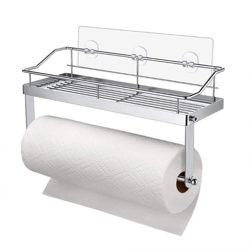 

Stainless Steel Seamless Rack Storage Rack Adhesive Paper Towel Holder With Shelf Storage Wall Basket For Kitchen,bathroom