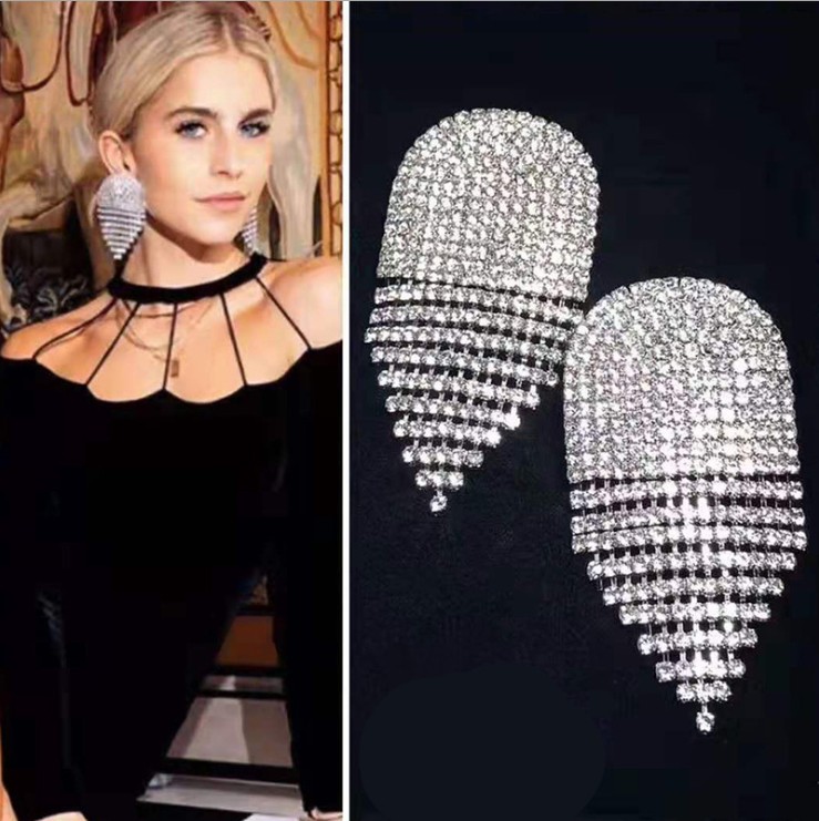 

Fashion Full Rhinestone Chain Tassel Earrings Women Luxury Crystal Large Earring Jewelry Wedding Bridal Long Fringe Earring 2020