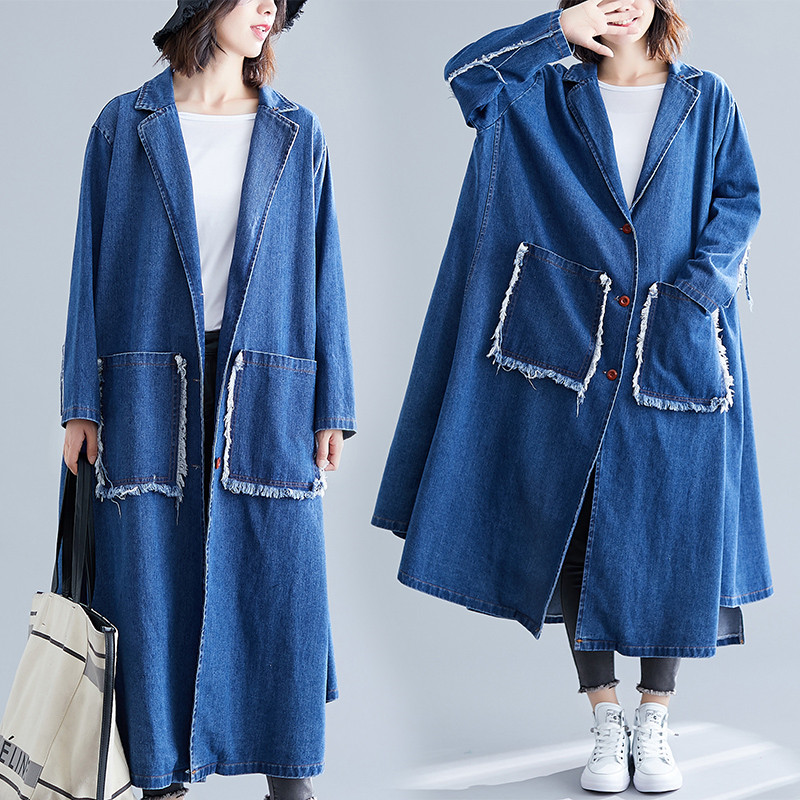 

2020 Fashion Oversize Denim Windbreaker Loose Women Spring Autumn Long Trench Coat big pocket Casual Streetwear Overcoats B409, Blue