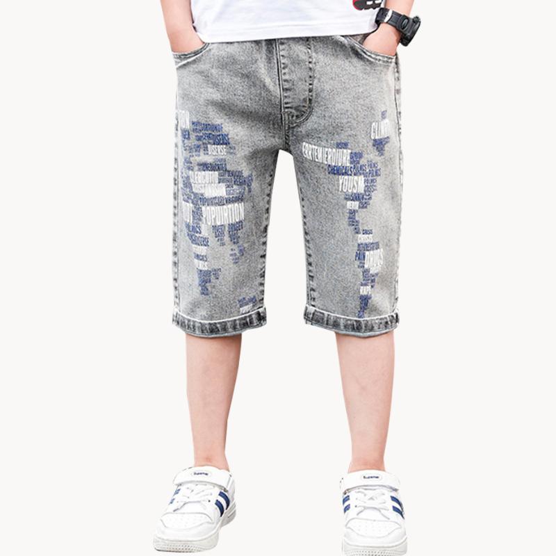 

Boys Short Jeans Knee Length Children's Summer Jeans Boy Elastic Waist Kid's Letter Children's Clothes 6 8 10 12 14, As picture