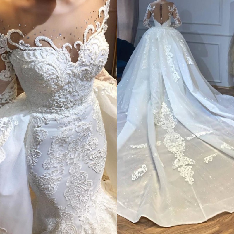 

2020 Luxury Arabic Dubai Mermaid Wedding Dresses With Detachable Overskirts Sheer Neck Beaded Long Sleeve Lace Bridal Gowns, Ivory