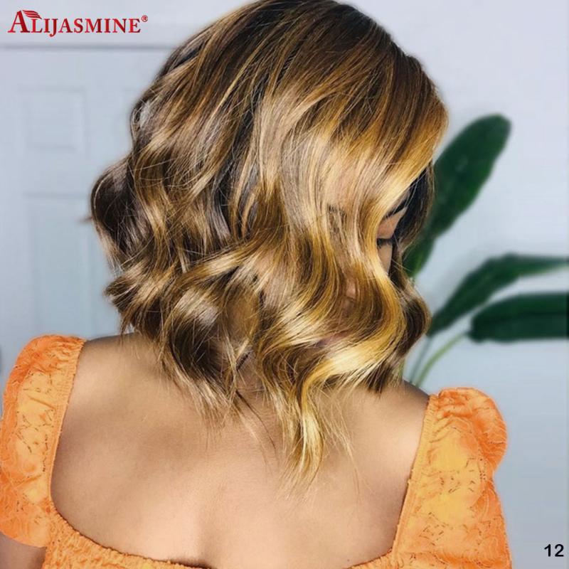 

150% Density Honey Blonde Brown Highlight Lace Front Human Hair Wigs For Women Brazilian Remy Short Wavy BoB Wigs For Women, As pic
