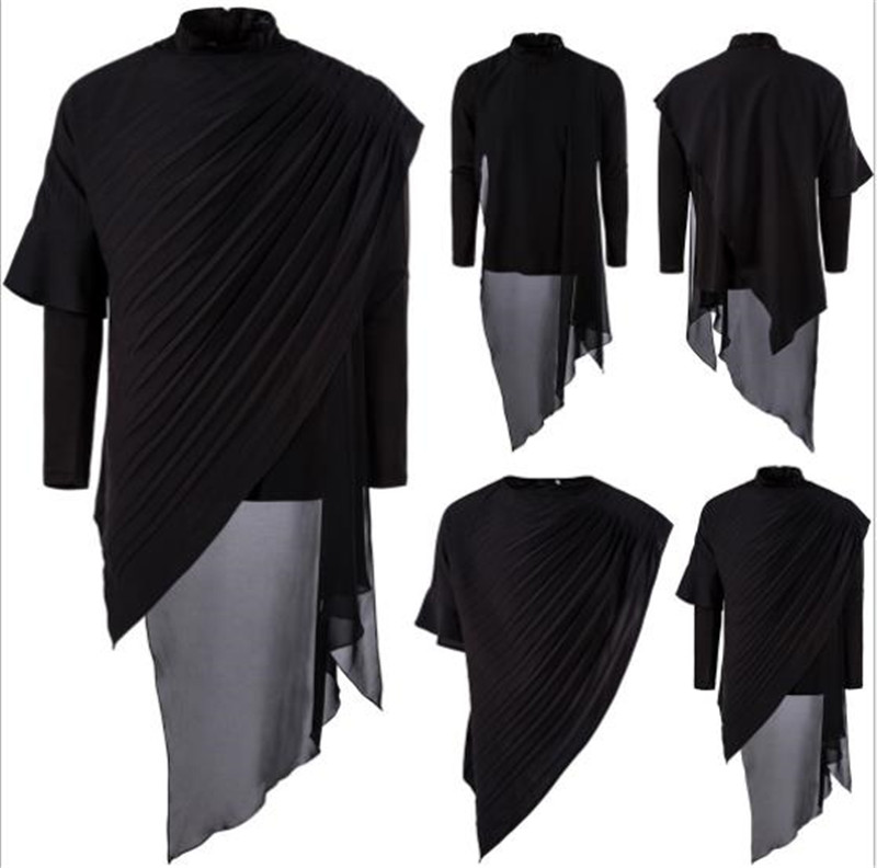 

Two-piece Mens Designer Tshirts Irregular X-long Cool Loose Solid Color Long Sleeved High Collar Fashion Mens Tees, Black