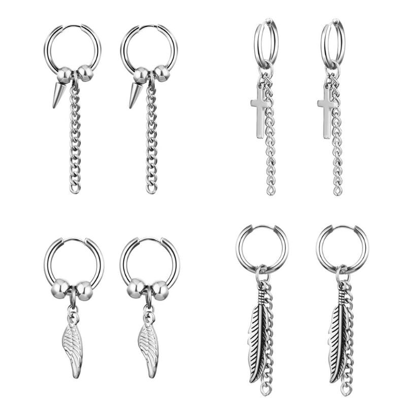 

Hoop & Huggie Punk Silver Color Feather Sharp Cone Pendientes Tassel Earring Stainless Steel Leaf Cross Hoops Earrings Ear Ring Jewelry