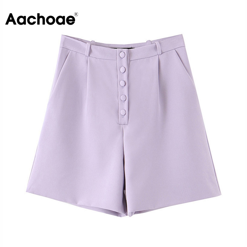 

Summer 2020 Solid Casual Shorts Women Fashion High Waist Button Purple Shorts Side Pockets Streetwear Ladies Bottoms