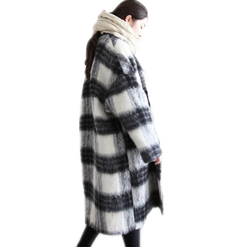 

Wear Snow Winter New Plaid Woolen Coat Thick Warm Wool Coat Female Fashion Loose Long Casual Cotton Large Size SUN108, Black white plaid
