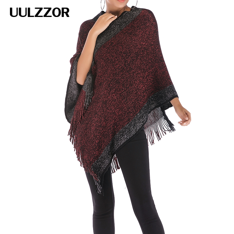 

Knitted sweater cloak Women sweater tassel cloak casual striped pullover Autumn winter streetwear sweaters and pullovers 2019, Burgundy