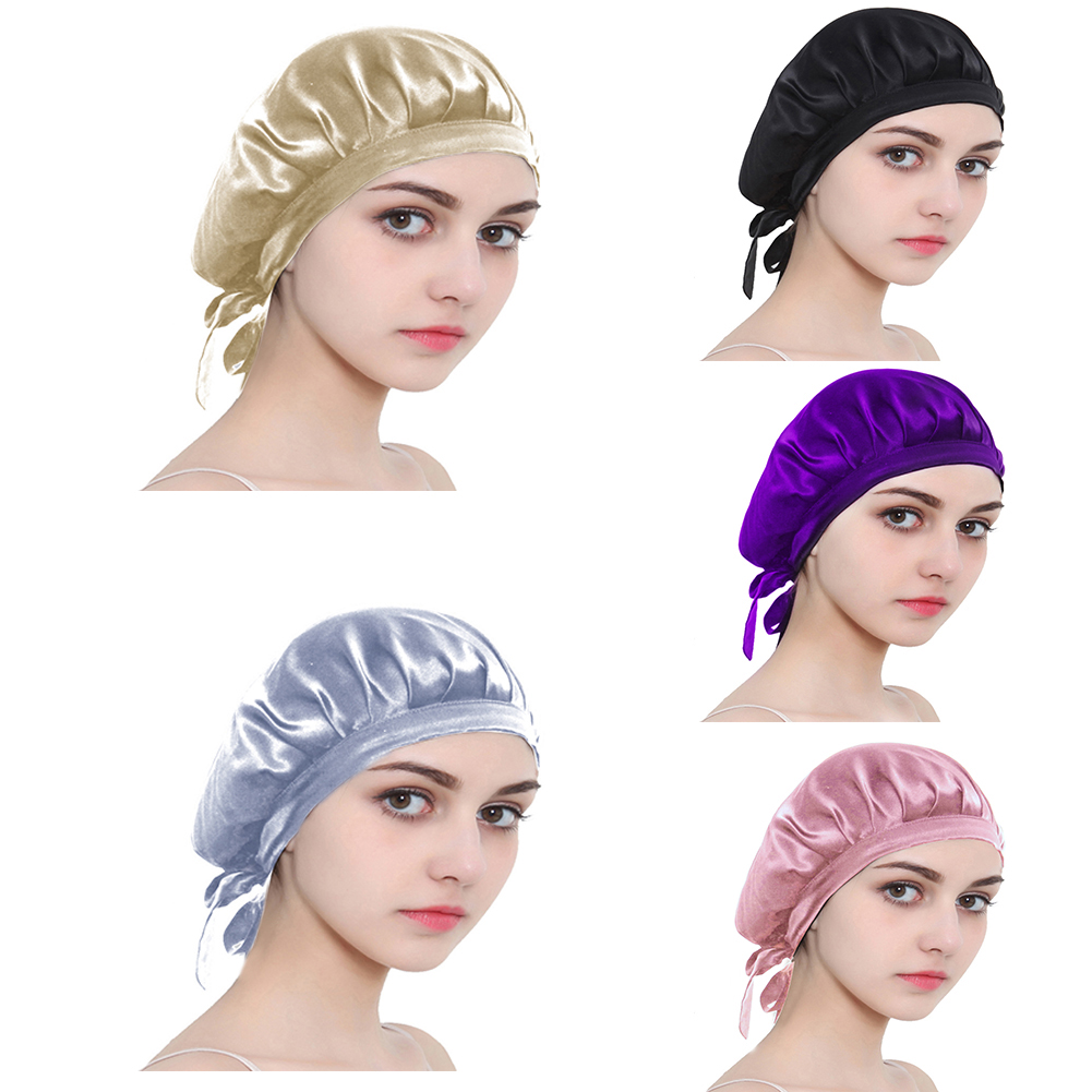 

Silk Night Cap Household Sleeping Hat Long Hair Head Cover for Woman Towel, Black