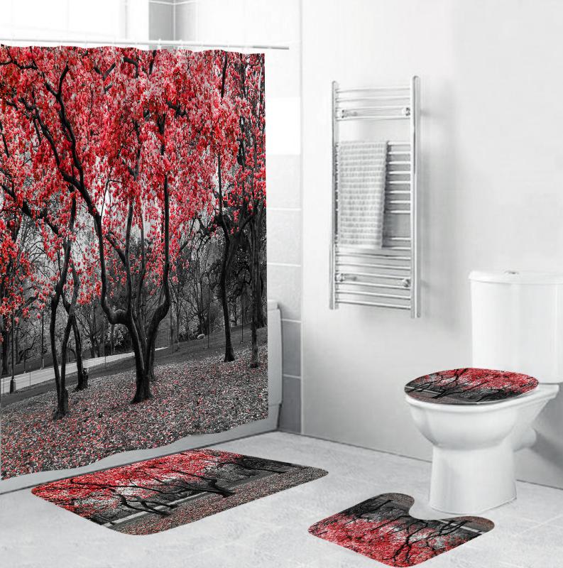 

Romantic Red Forest Shower Curtains Toilet Cover Floor Mat Set 4pcs/set Bathroom Waterproof Mat Non Slip Floor Rug Carpet Set