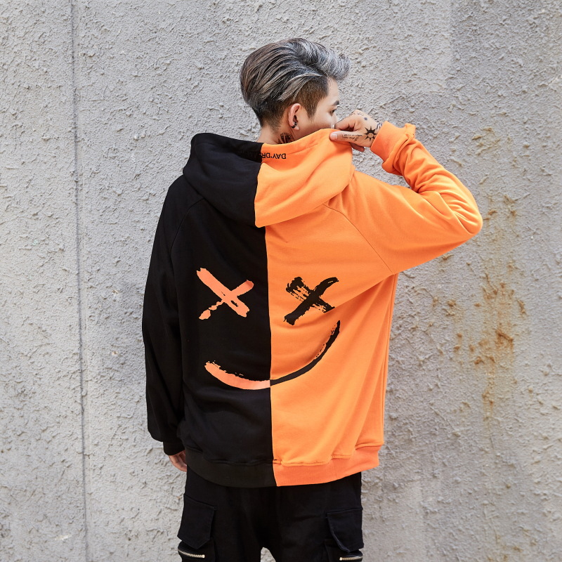 

QNPQYX New fashion Men funny splice Hoodies oversize splice Sweatshirts Smile Print Headwear Hoodie Hip Hop Streetwear Clothing wholesale, Black