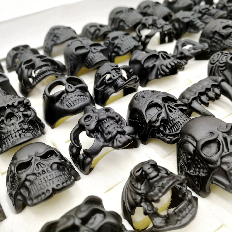 

Fashion newest 30pcs/lot Gothic Punk Skull band Rings black Tough Guy retro mix Styles Men's Women's Jewelry Gift(size:18mm-23mm)