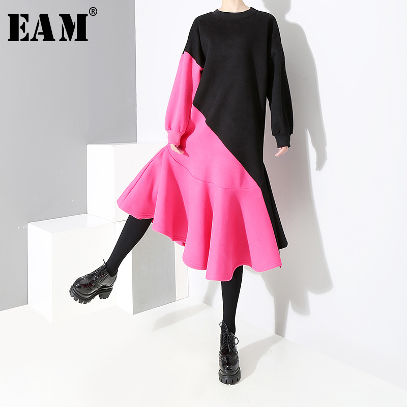

[EAM] 2019 New Spring Winter Round Neck Long Sleeve Black Hit Color Loose Ruffles Hem Big Size Dress Women Fashion Tide JL385, Picture color