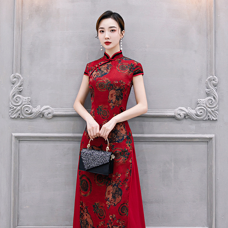 

Plus Size 4XL Qipao Women Satin Chinese Party Prom Dress Elegant Burgundy Print Flower Cheongsam Elegant High Split Vestidos