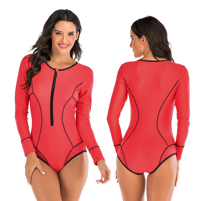

2020 Long Sleeve Rash Guard Red Solid Women Swimwear Front Zipper One Piece Swimsuit Surf Bathing Suit Dive Bodysuit Beachwear