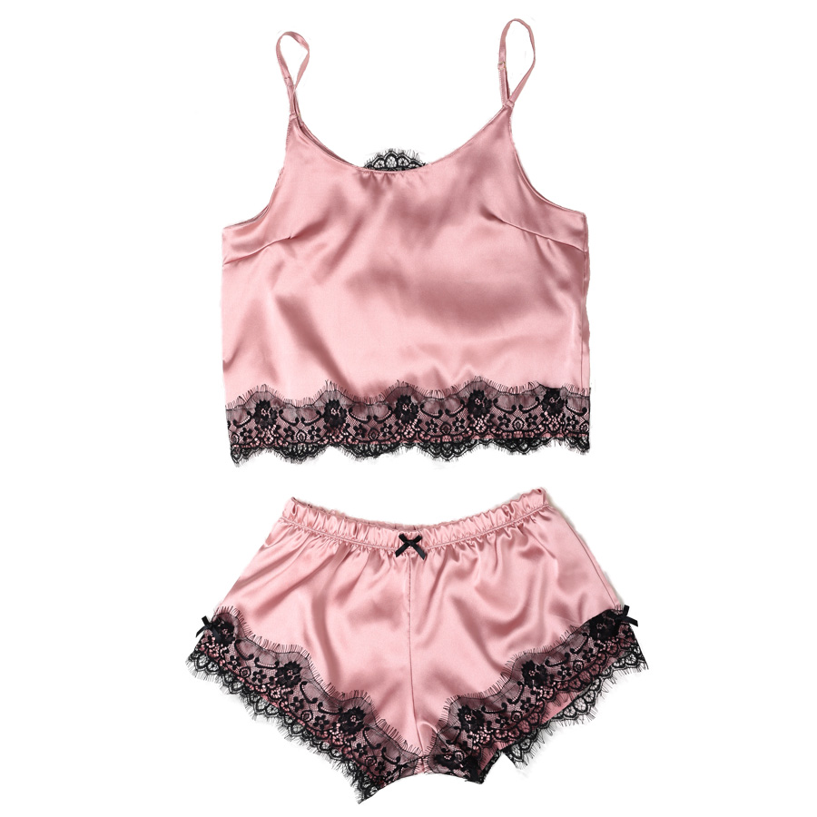 

Womens Satin Pajama Set Spaghetti Strap Lace Applique Cute Cami Top and Shorts Silk like Pajama Set Comfy Sleepwear