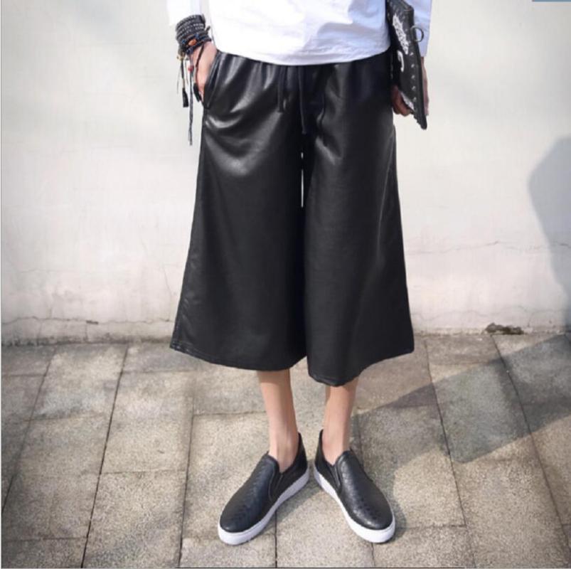 

27-46 New 2018 Men's clothing GD fashion Hair Stylist street PU casual Culotte Wide Leg Pants plus size costumes, Black