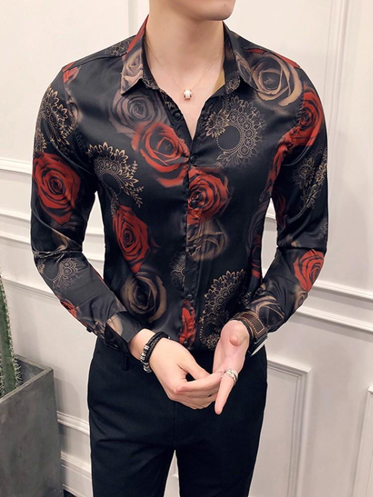 

Spring Men Floral Print Flower Shirt Chemise Homme Clothing For Men Club Party Wedding Long Sleeve Shirt Camisa Masculina, Black