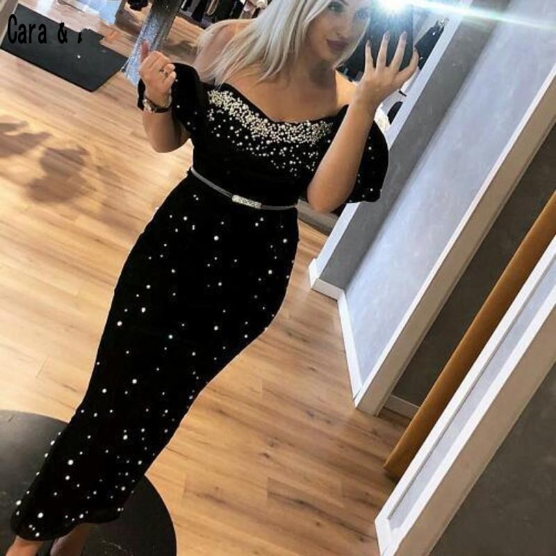 

2019 Latest Black Evening Dresses sweetheart Ankle Length Crystal Pearls Beaded Off Shoulder Arabic Sheath Prom Dress Long Party Gowns